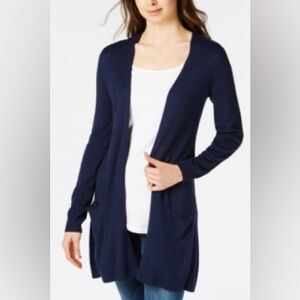 Maison Jules Large Long Sleeve Open Front Navy Blue Lightweight Sweater Pockets